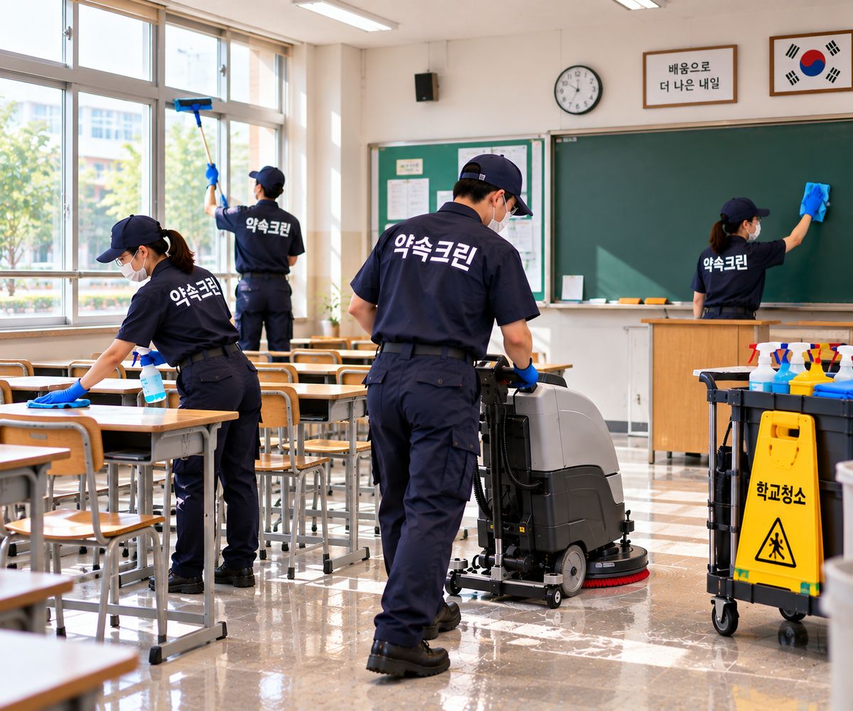 학교청소 작업 모습