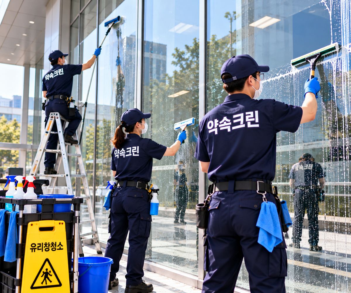 유리창청소 작업 모습